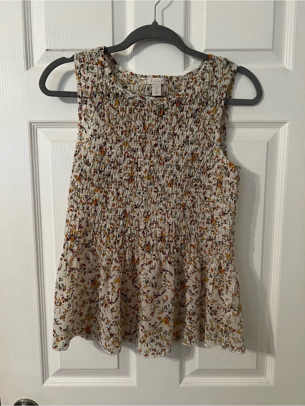 hinge Cream Floral Smocked Peplum Tank